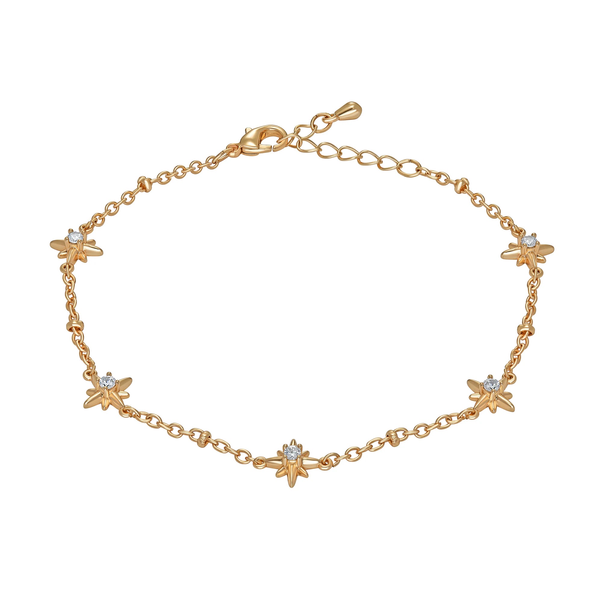 Gold bracelet with star-shaped charms on a white background