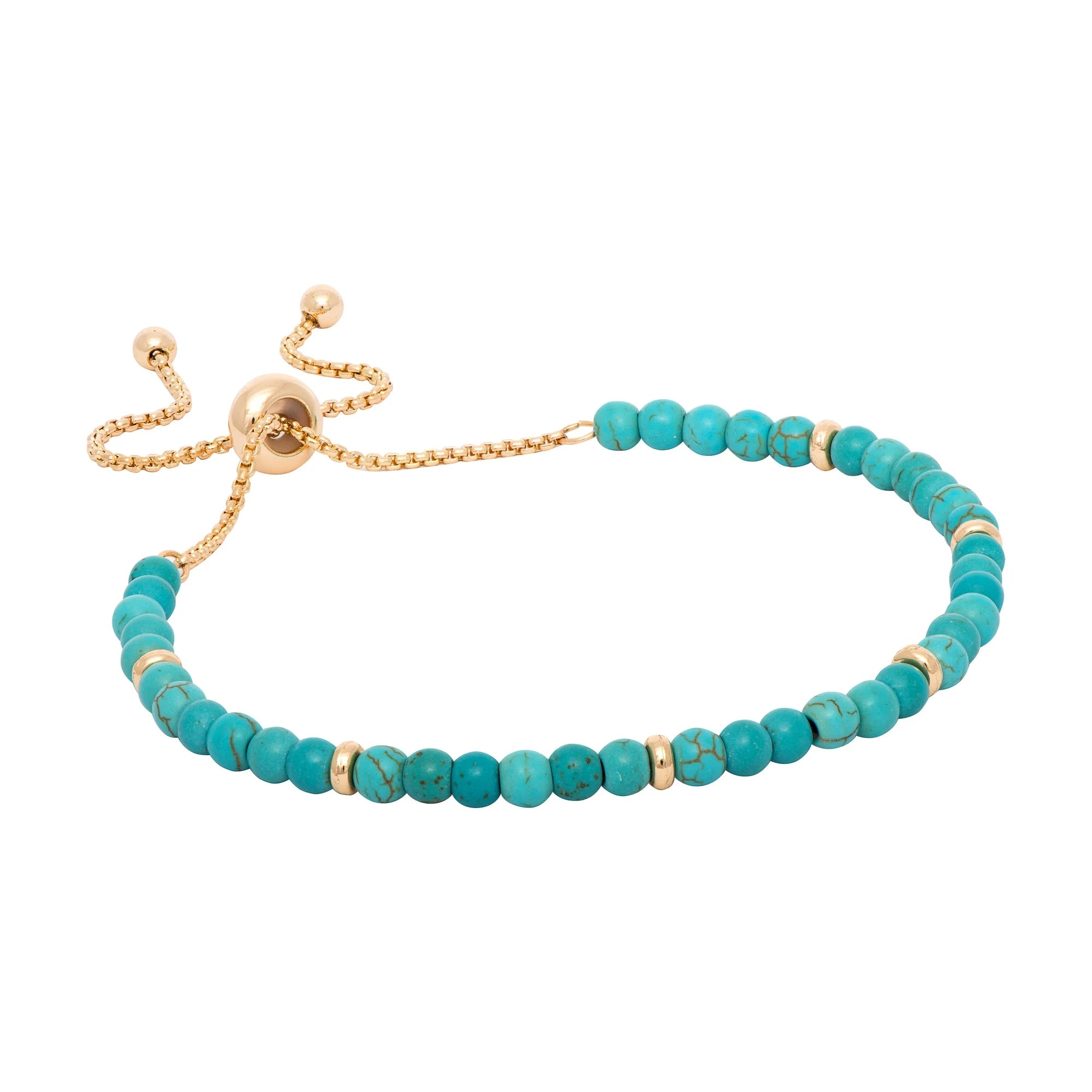 Turquoise beaded bracelet with gold accents on a white background