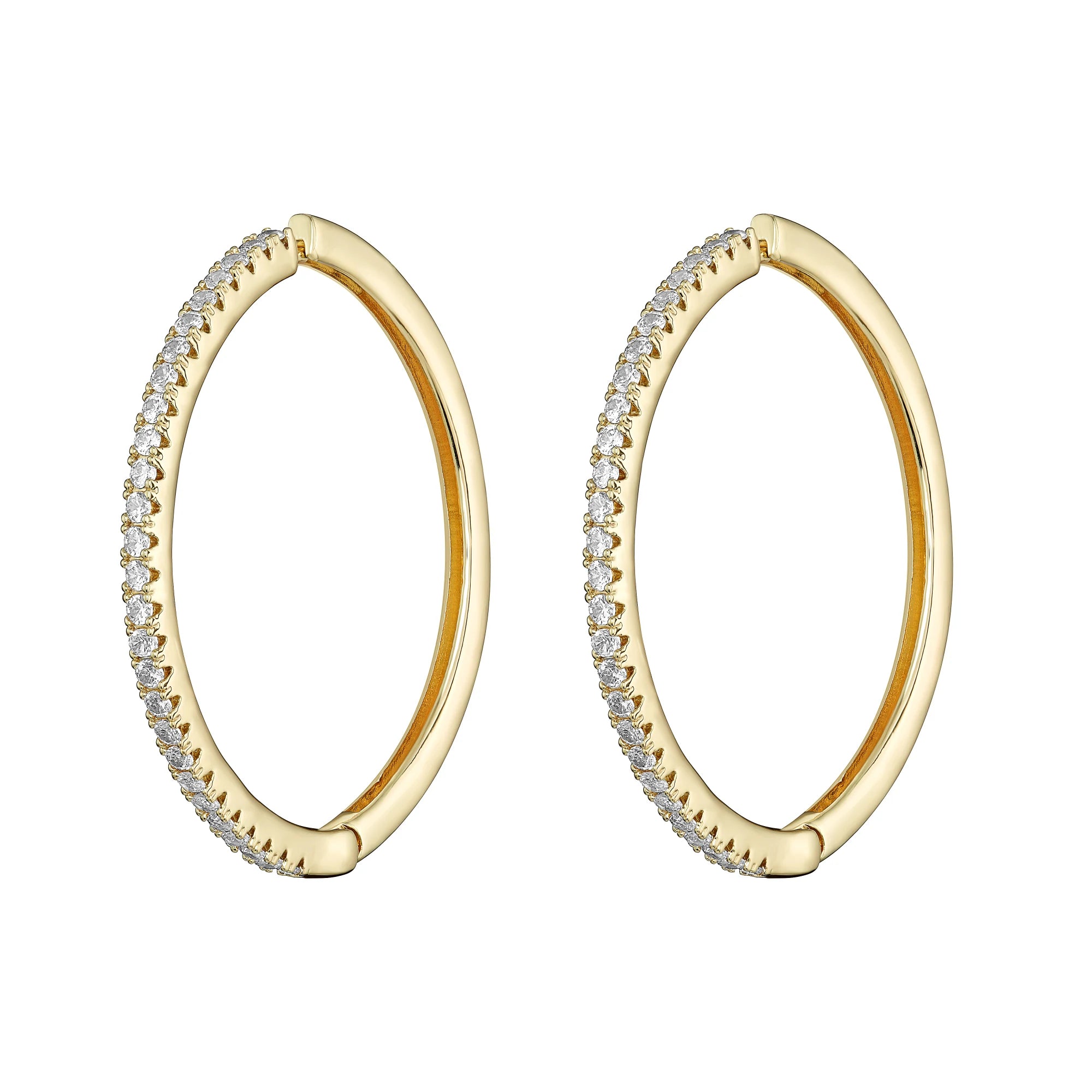 Gold hoop earrings with diamond accents on a white background