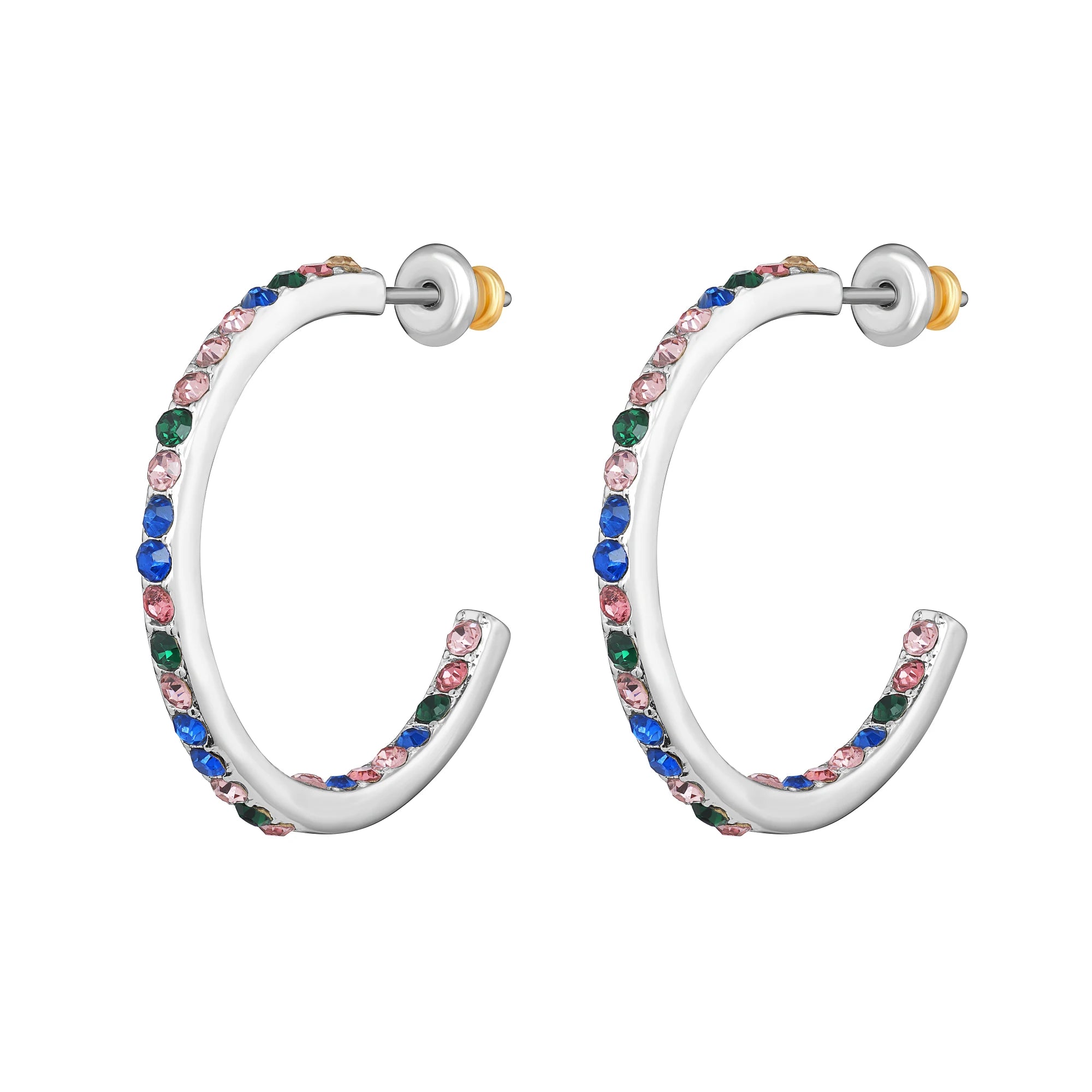 Pair of hoop earrings with multicolored gemstones on a white background