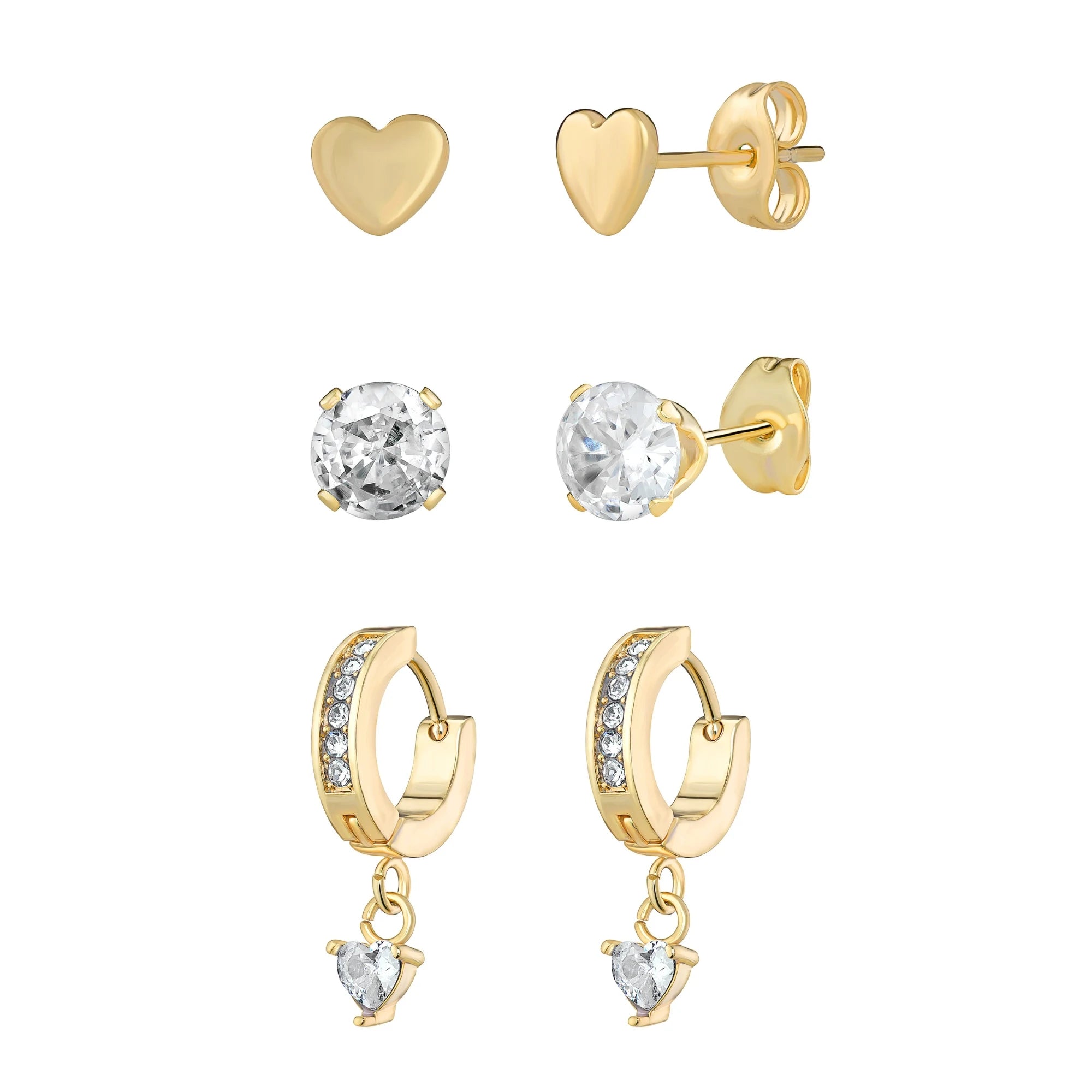 Set of gold earrings including heart-shaped, round crystal, and hoop earrings with heart charms on a white background.