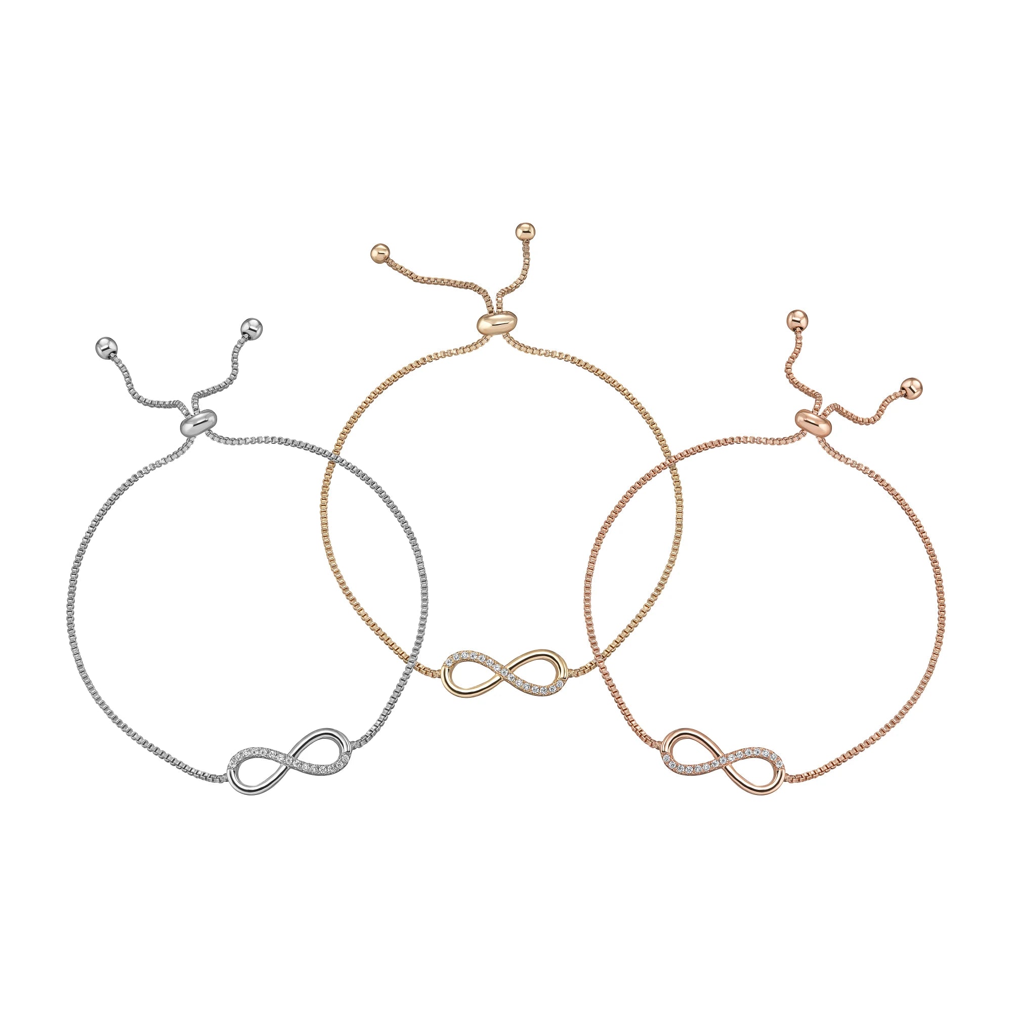 Three infinity bracelets in silver, gold, and rose gold on a white background