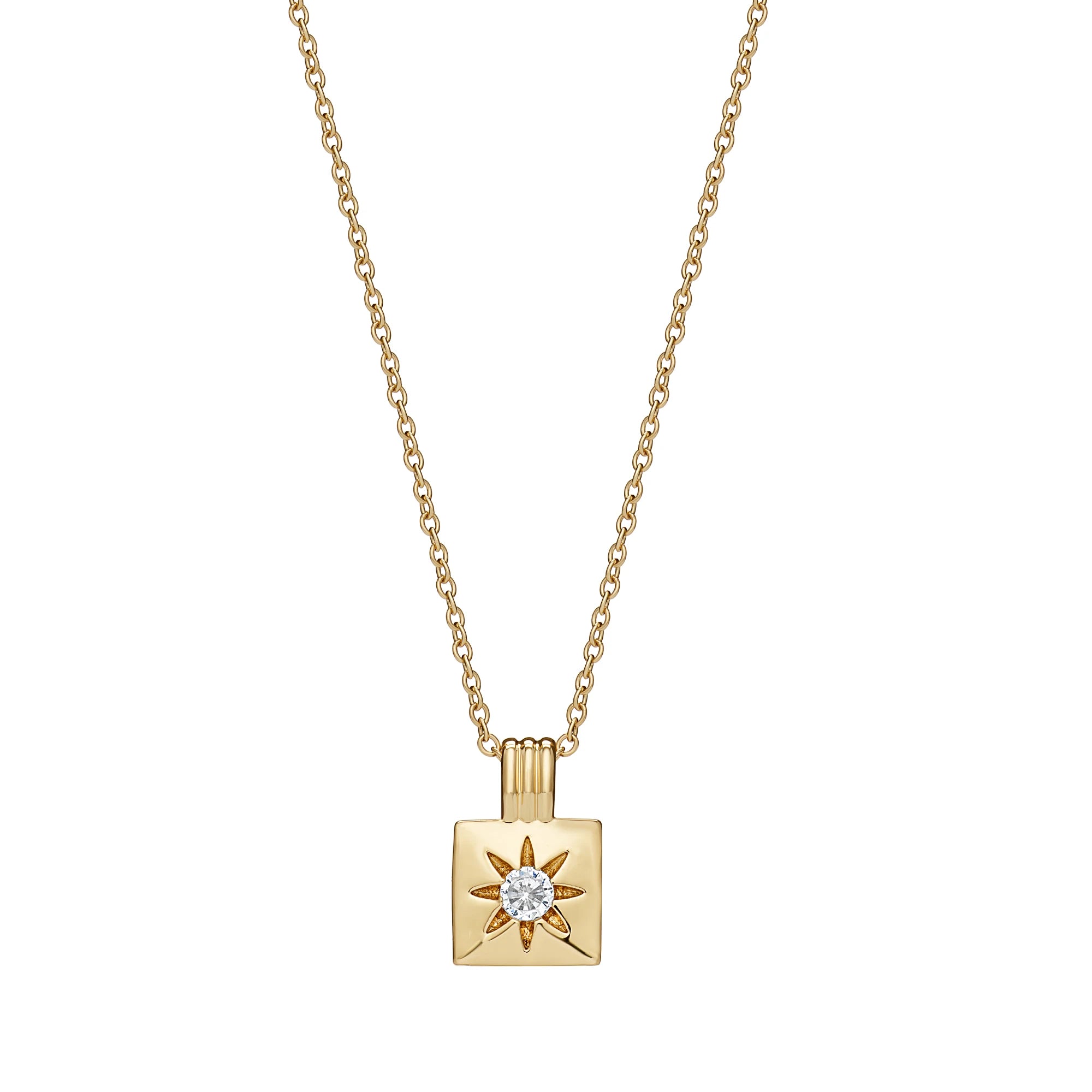Gold necklace with a square pendant featuring a diamond on a white background