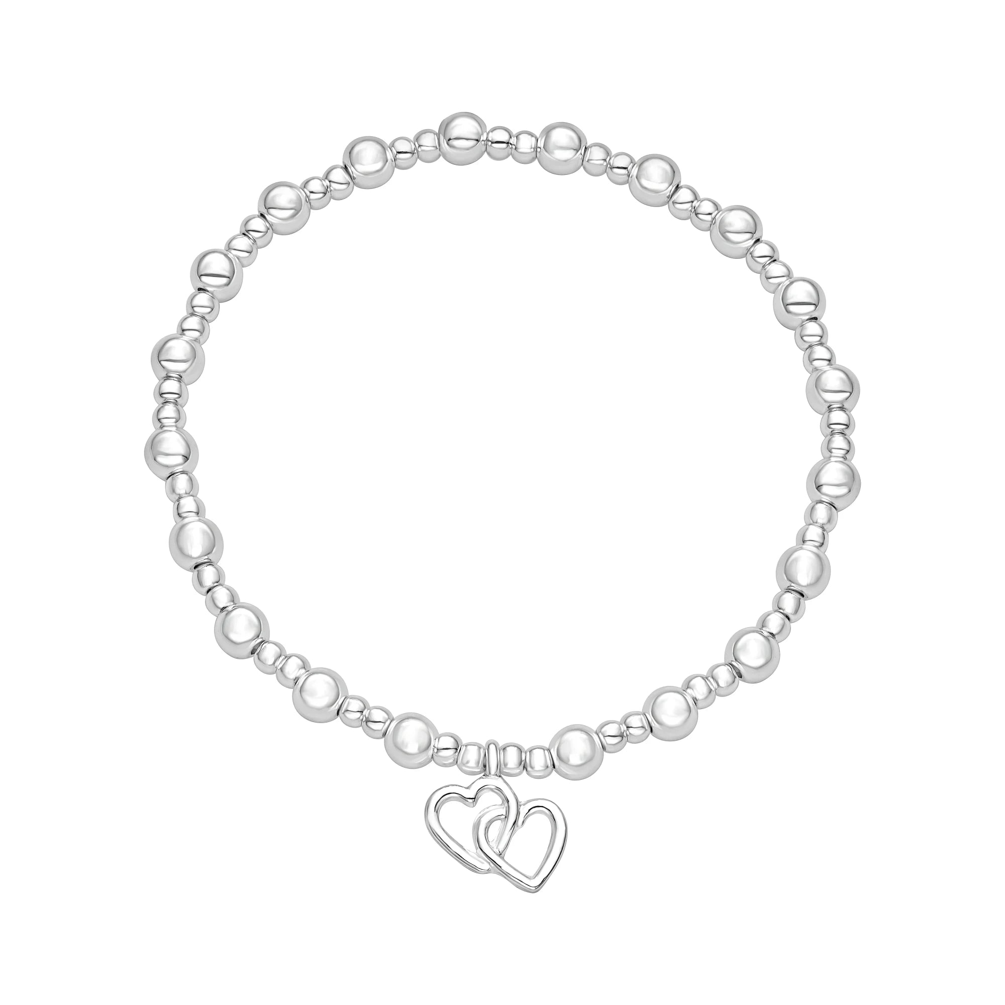 Silver bracelet with a heart charm on a white background