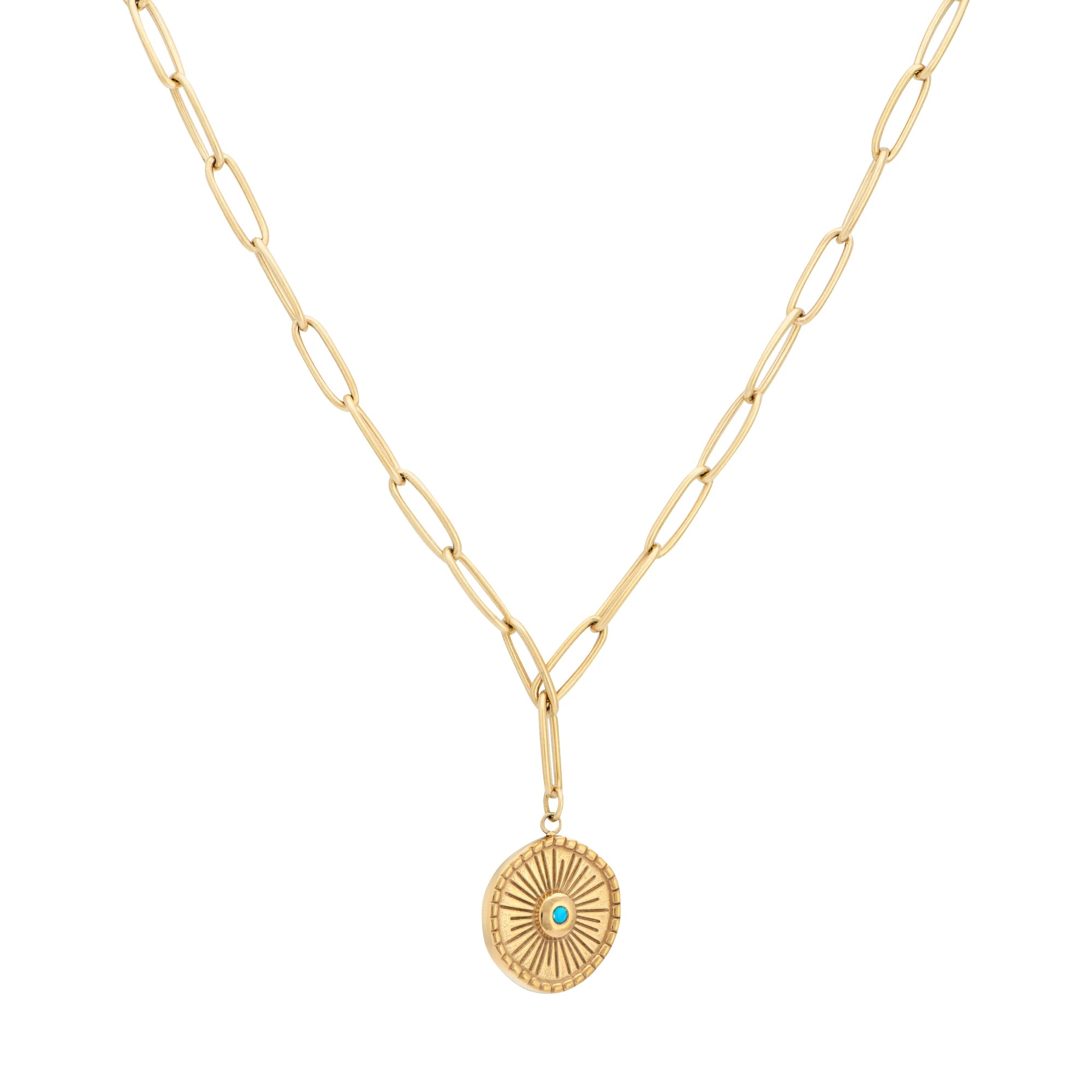 Gold necklace with a circular pendant on a white background