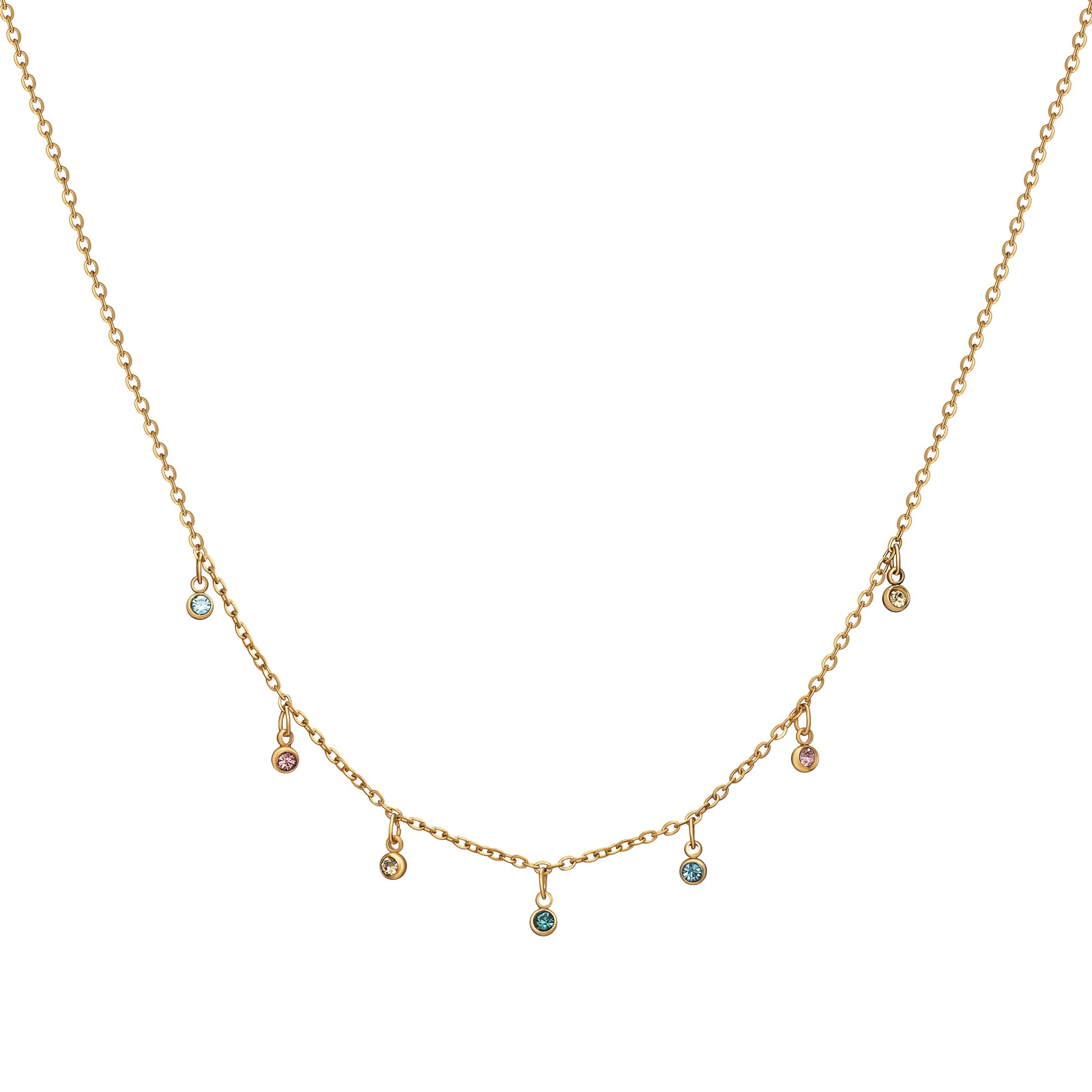 Gold necklace with small gemstones on a white background