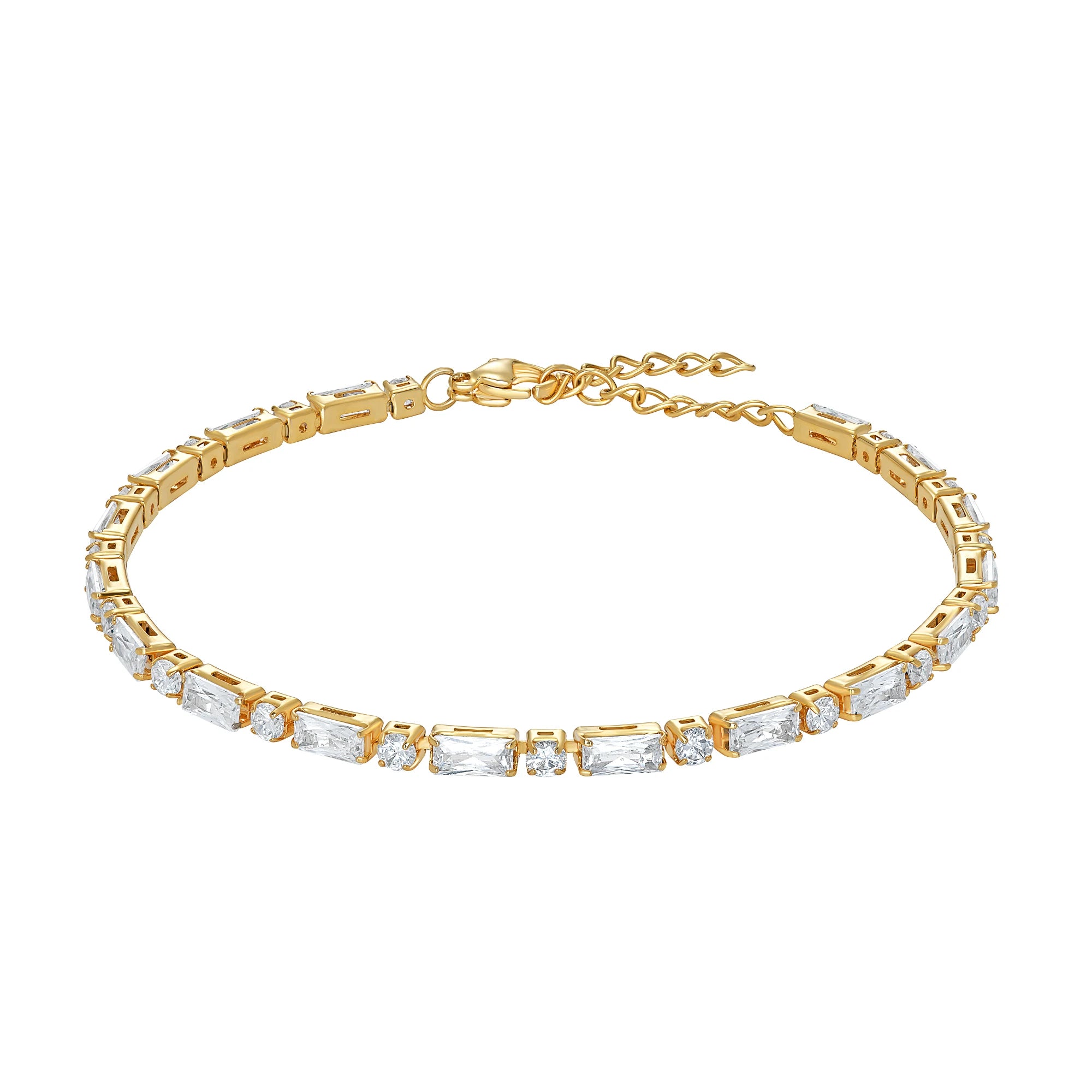 Gold bracelet with clear gemstones on a white background