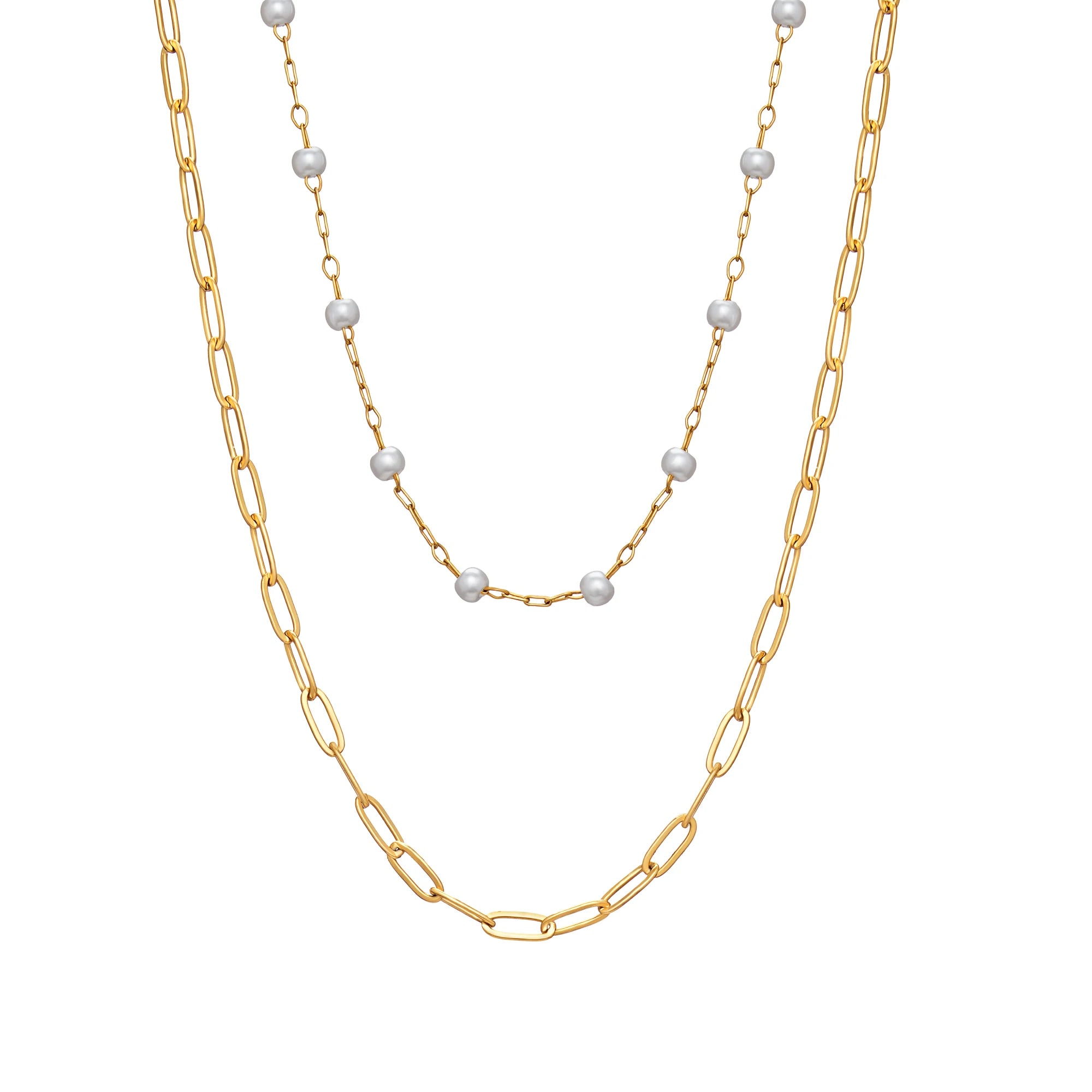 Two gold necklaces with white pearls on a white background