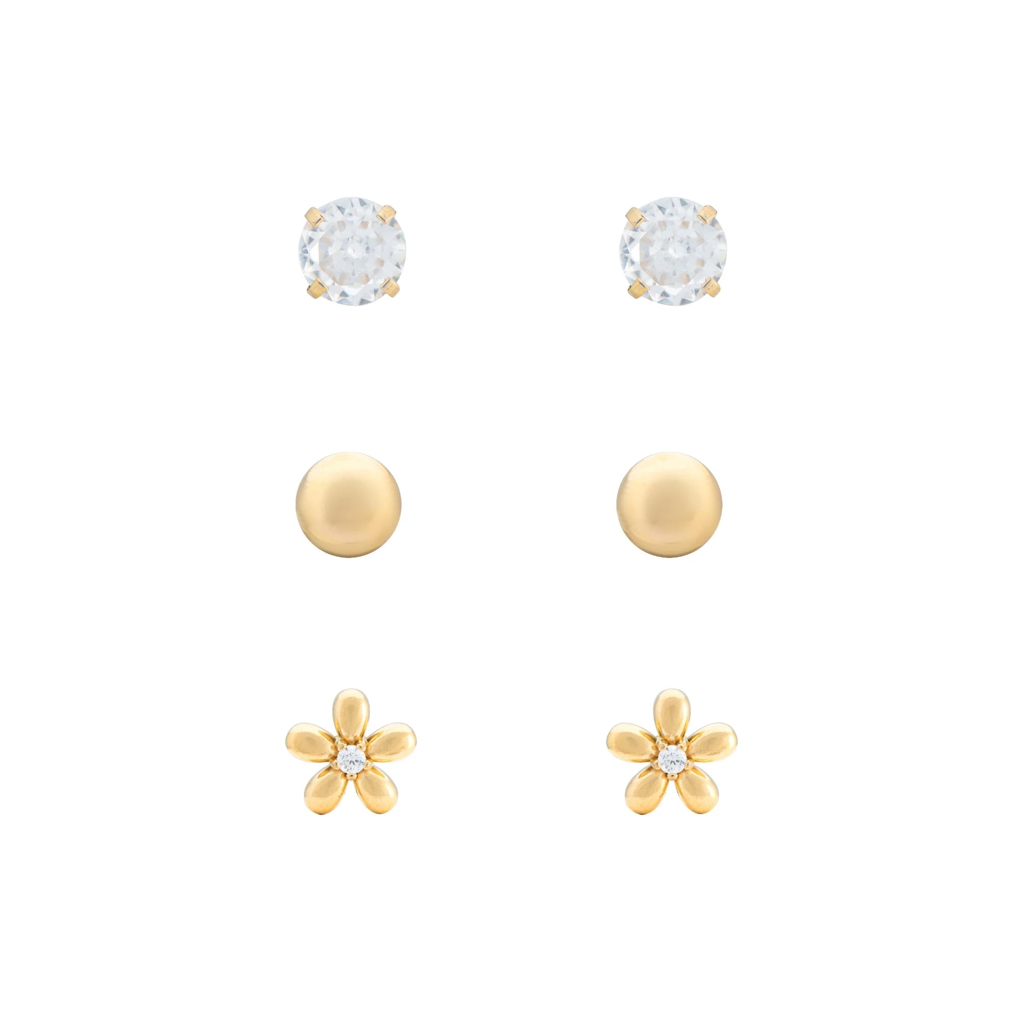 Set of gold and clear gemstone earrings on a white background