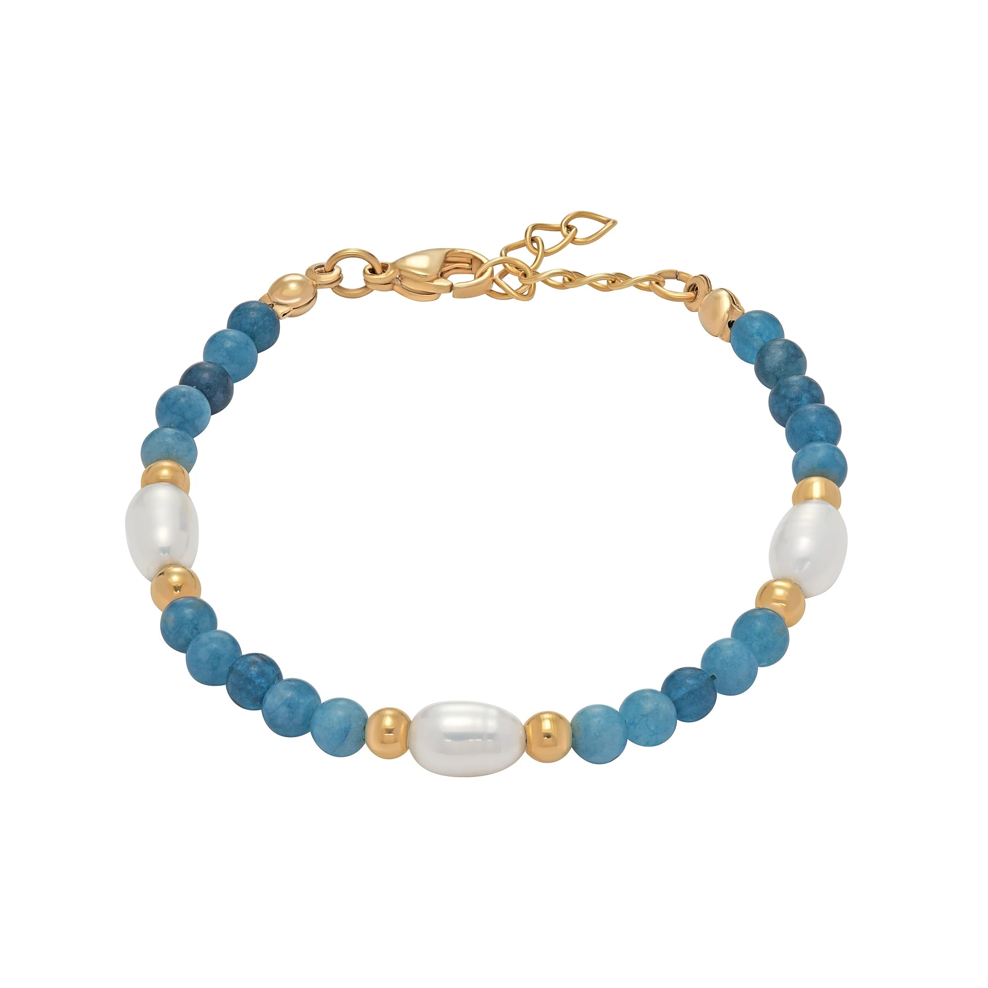 Bracelet with blue beads, gold accents, and pearls on a white background