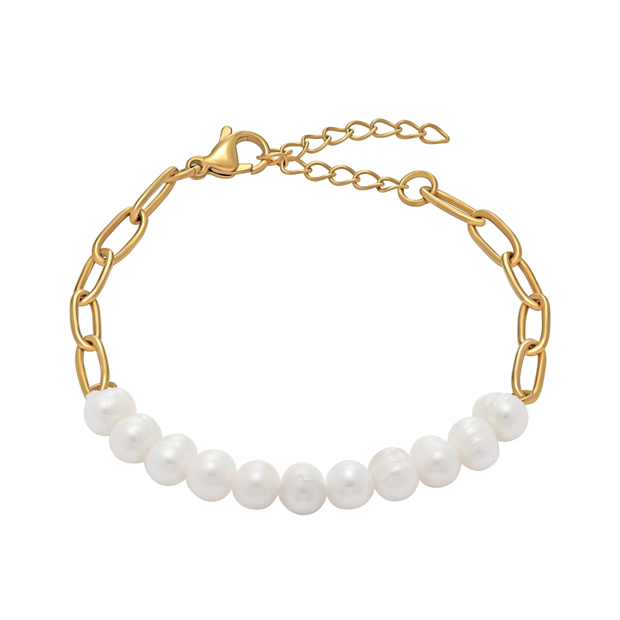 Gold chain bracelet with white pearls on a white background