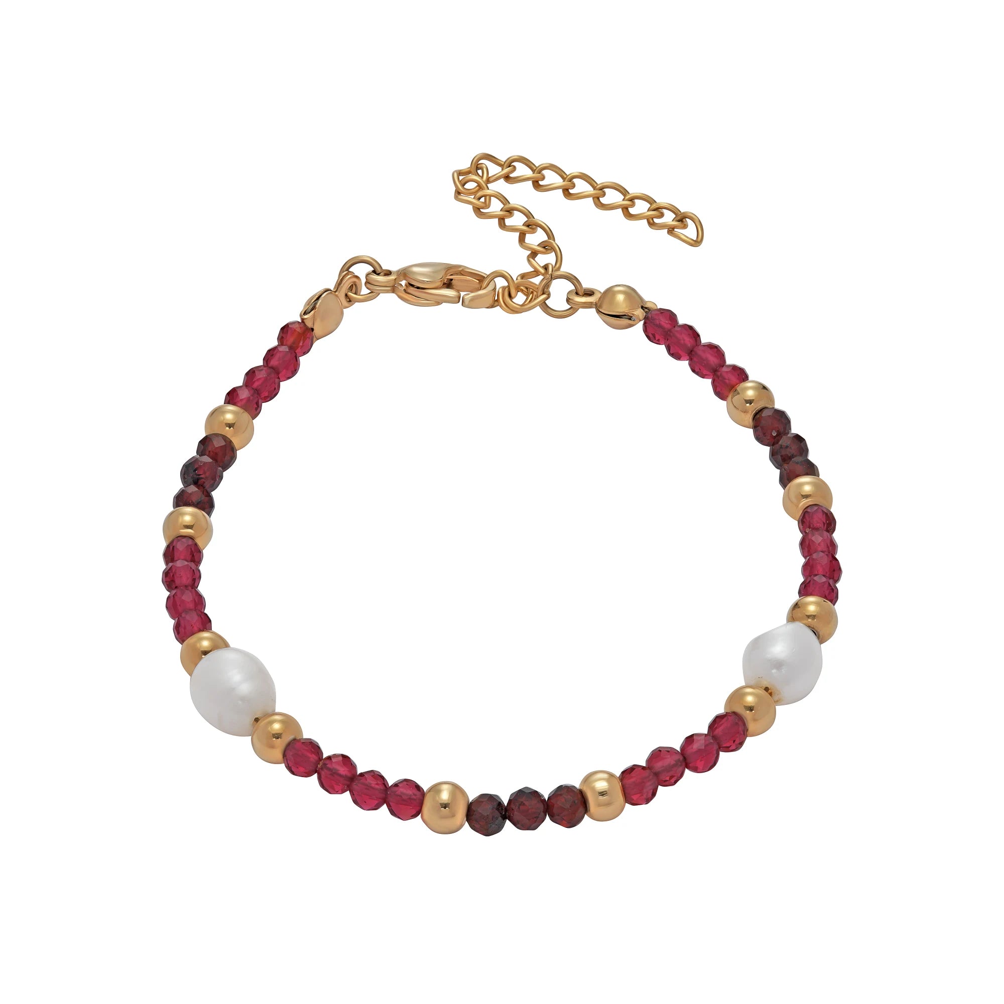 Bracelet with red, gold, and white beads on a gold chain against a white background