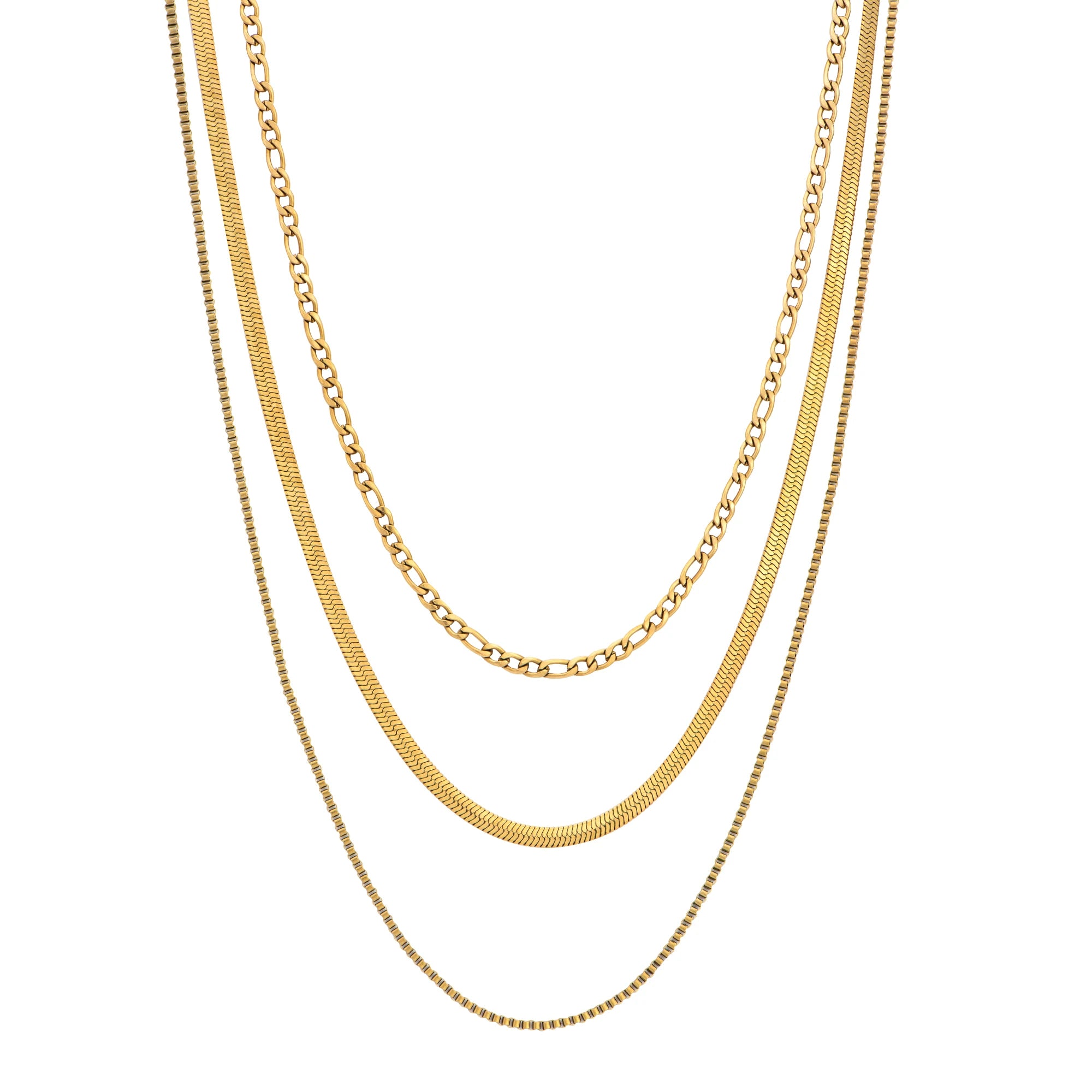 Three gold chains of different styles on a white background