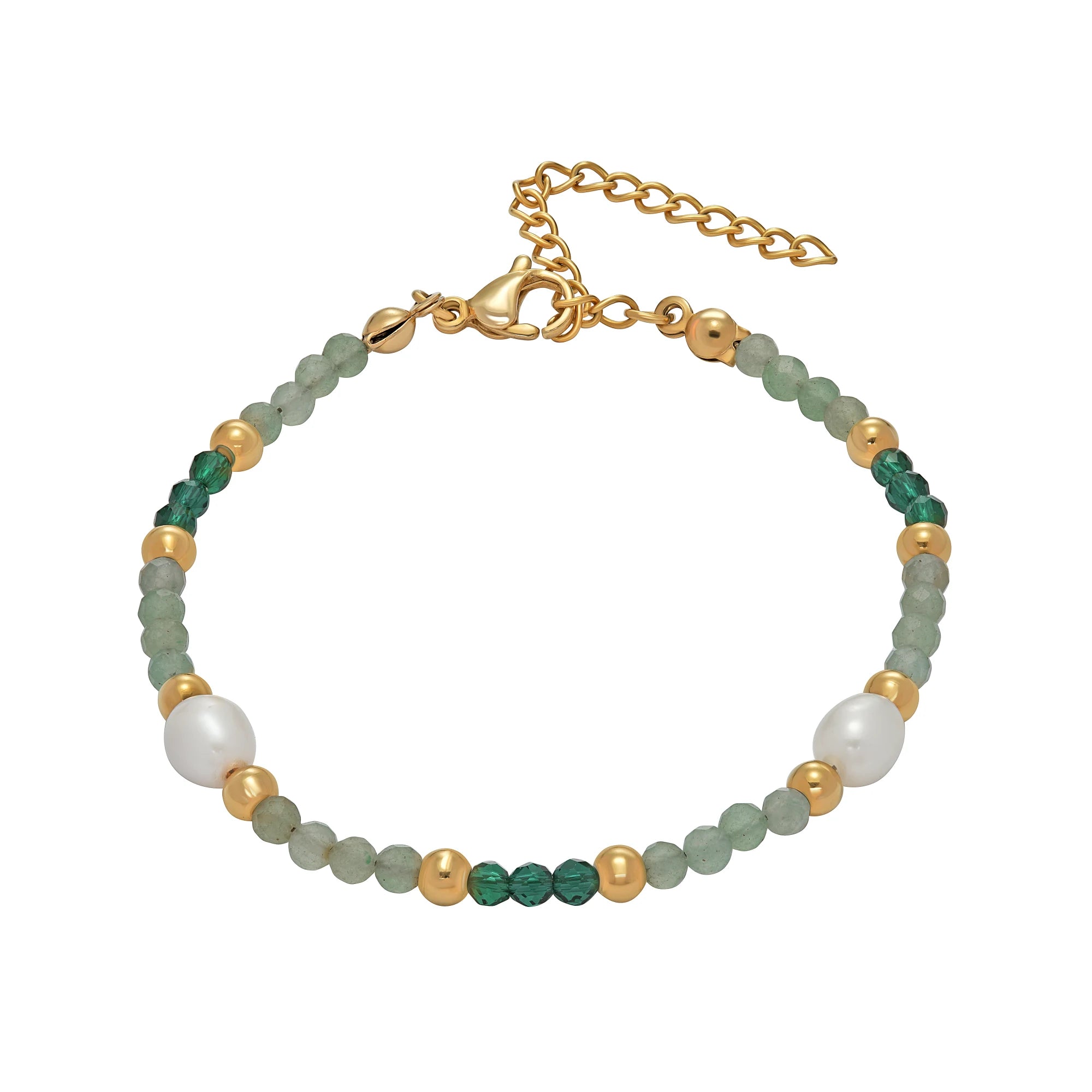 Bracelet with gold, green, and white beads on a white background